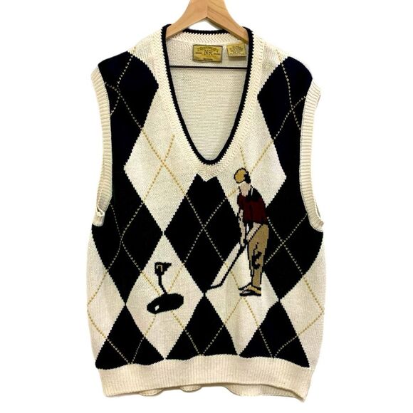 NEW RIVER CO Cotton Knit Vest Men’s XL Navy Blue Cream Argyle Golfer Graphic. - Picture 1 of 13